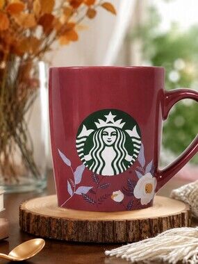 Starbucks Logo Floral Burgendy 10oz Mug EUC Collectible Coffee Barista EUC 2020